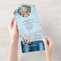 Blue gold clam shell ocean waves glitter glam