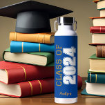 Blue Gold Class of 2024 Personalised Graduation Water Bottle<br><div class="desc">This classic blue custom senior graduate water bottle features bold gold and white typography reading class of 2024 in varsity letters for a high school or college graduation party keepsake gift. Customise with your name in elegant cursive cript underneath for a great commemorative favour.</div>