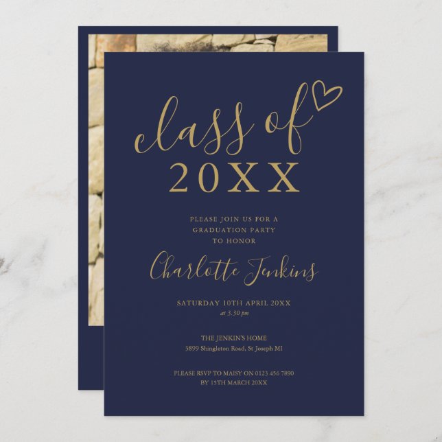 Blue Gold Class of Script Photo Graduation Party Invitation (Front/Back)