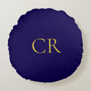 Blue & Gold Color Monogram Modern Minimalist Round Cushion