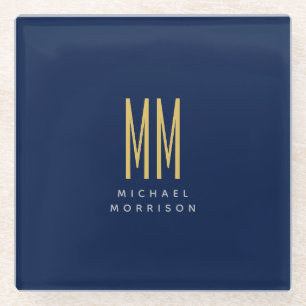 Blue Gold Colours Monogram Initial Letters Name Glass Coaster
