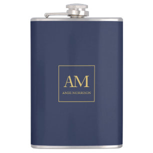 Blue Gold Colours Monogram Initial Letters Name Hip Flask