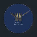 Blue Gold Colours Monogram Initial Letters Name Round Clock<br><div class="desc">Represent yourself with this modern, elegant design. This template can be customised to meet all professional occupations.</div>