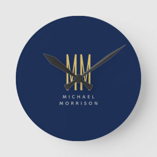Blue Gold Colours Monogram Initial Letters Name Round Clock