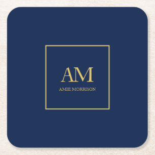 Blue Gold Colours Monogram Initial Letters Name Square Paper Coaster