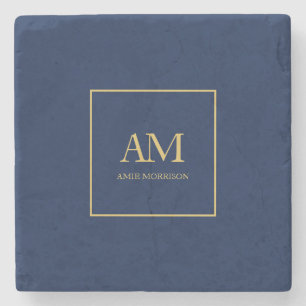 Blue Gold Colours Monogram Initial Letters Name Stone Coaster
