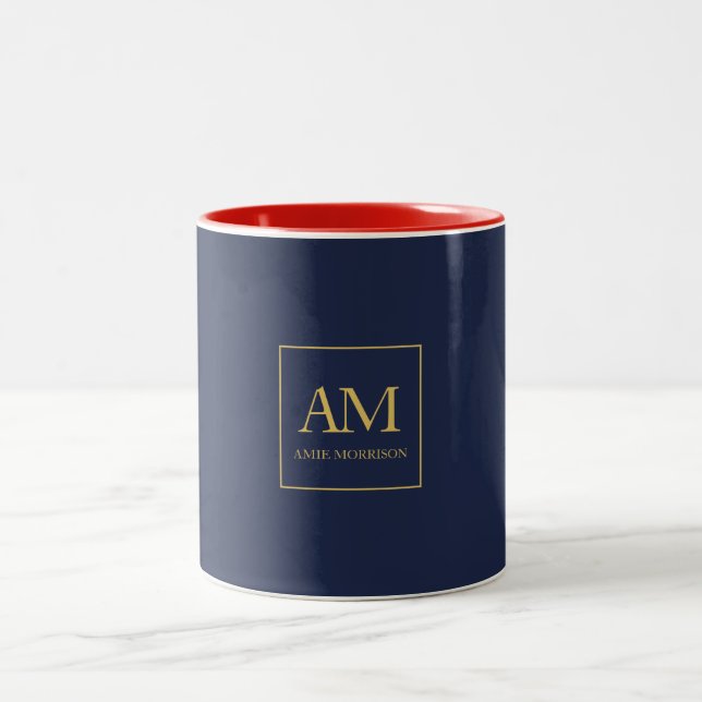 Blue Gold Colours Monogram Initial Letters Name Two-Tone Coffee Mug (Center)
