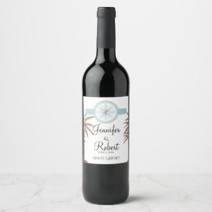 Blue Gold Compass Rose Beach Wedding Wine Label