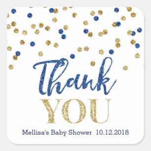 Blue Gold Confetti Baby Shower Thank You Sticker