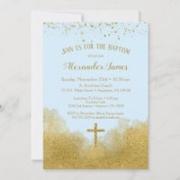 Blue Gold Confetti Baptism Invitation Boy