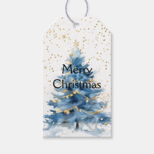 Blue Gold Confetti Christmas Tree Gift Tags