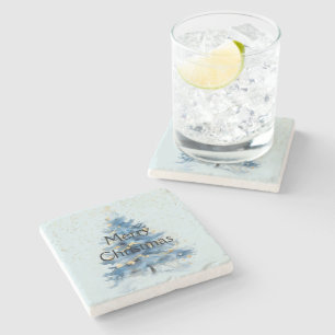 Blue Gold Confetti Christmas Tree Stone Coaster