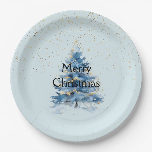Blue Gold Confetti Dots Christmas Tree Paper Plate (Front)