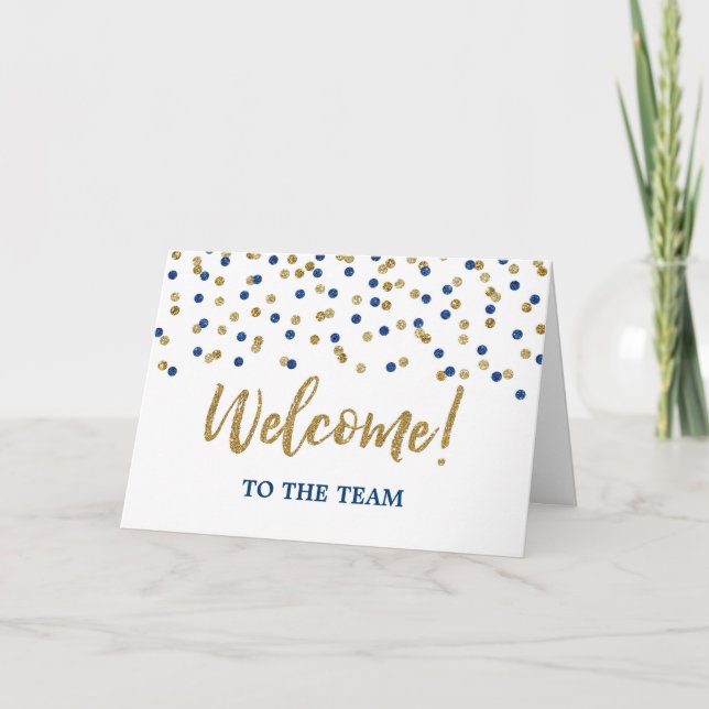 Blue Gold Confetti Employee Welcome to the Team Card (Front)