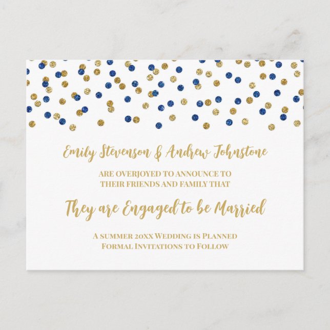 Blue Gold Confetti Engagement Announcement Postcard (Front)