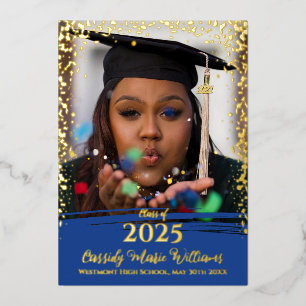 Blue Gold Confetti Foil Graduation Announcement