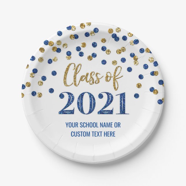 Blue Gold Confetti Graduation 2021 Paper Plate (Front)