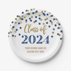 Blue Gold Confetti Graduation 2024 Paper Plate
