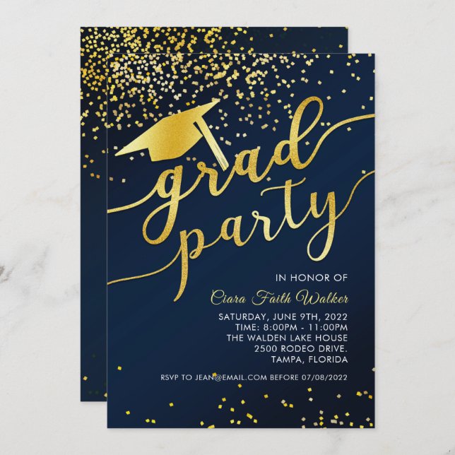 Blue Gold Confetti Graduation Party Invitation  (Front/Back)