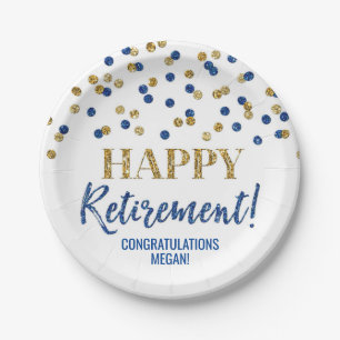 Blue Gold Confetti Happy Retirement Paper Plate