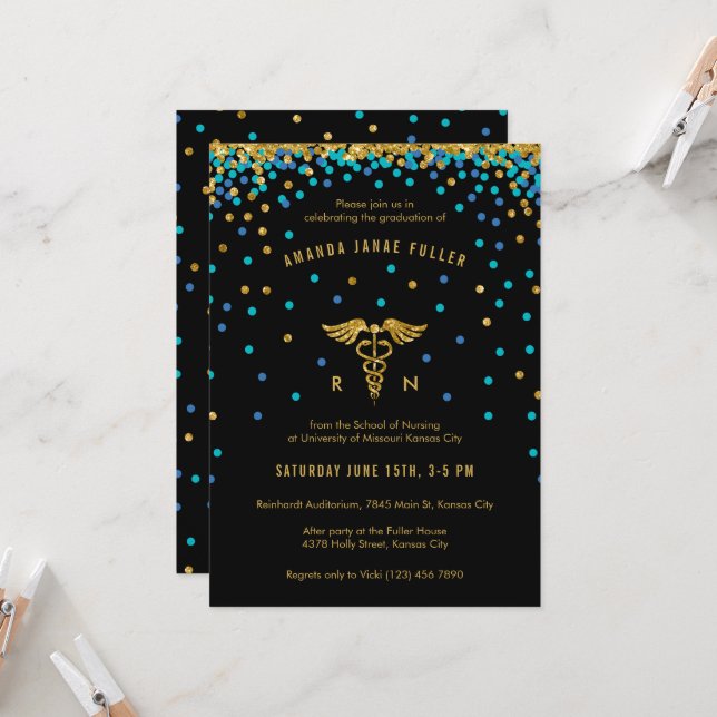 Blue & Gold Confetti Nursing Graduation Invitation (Front/Back In Situ)