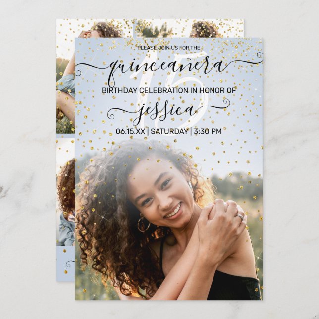 Blue Gold Confetti Photo Collage Quinceañera Invitation (Front/Back)