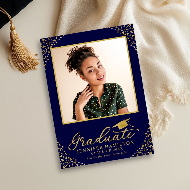 Blue Gold Confetti Photo Graduation Announcement  (Creator Uploaded)