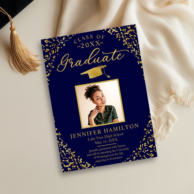 Blue Gold Confetti Photo Graduation Announcement  (Creator Uploaded)
