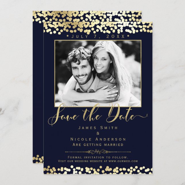 Blue & Gold Confetti Photo Wedding Save the Date Invitation (Front/Back)