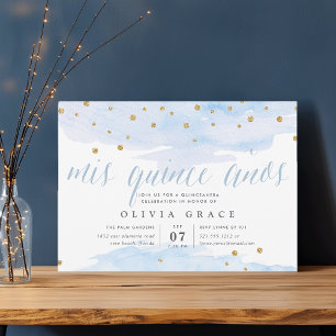Blue & Gold Confetti Pop   Watercolor Quinceanera Invitation