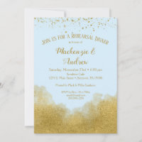 Blue Gold Confetti Rehearsal Dinner Invitation