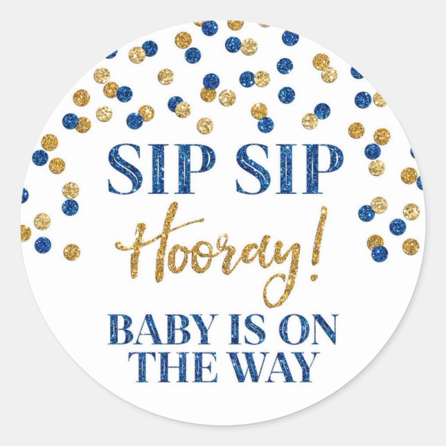 Blue Gold Confetti Sip Sip Hooray Classic Round Sticker (Front)