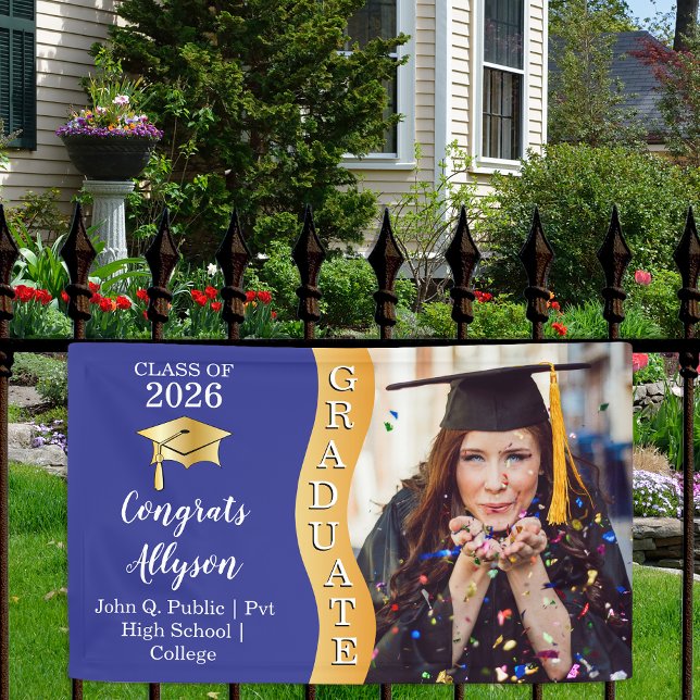 Blue | Gold Congrats Graduate Wave Photo Banner (Classy Modern Blue and Gold Tone "Graduate" Grad Cap Graduation Party Banner )