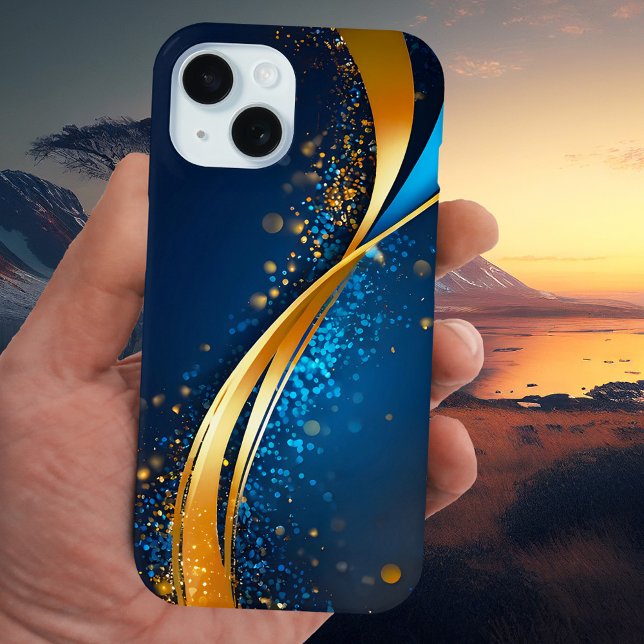 Blue Gold Contemporary Abstract Art Phone Case (Phone case featuring an abstract stylish glitter design in navy blue and gold)