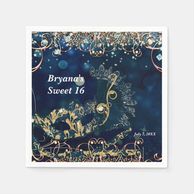 Blue & Gold Costume Masquerade Mask Birthday Party Napkin (Front)
