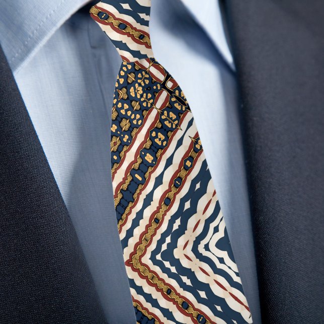 Blue Gold Cream Rust Zig Zag Geometric Pattern Tie (Creator Uploaded)