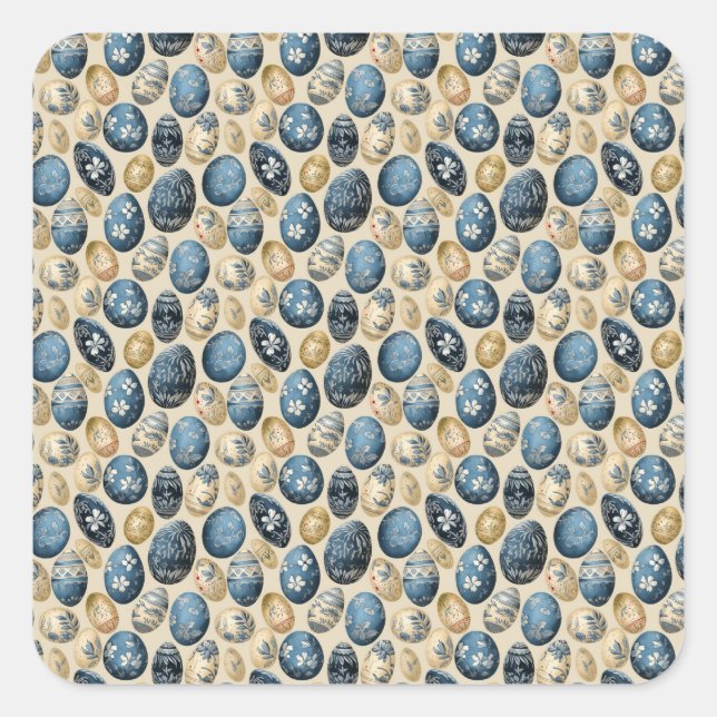 Blue, Gold & Cream Vintage Egg Pattern Square Sticker (Front)