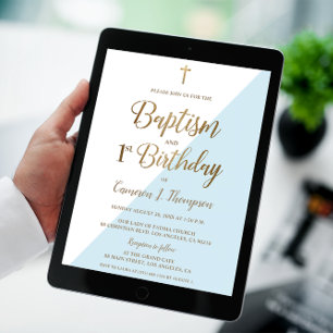 Blue Gold Cross Baptism 1st Birthday Invitation