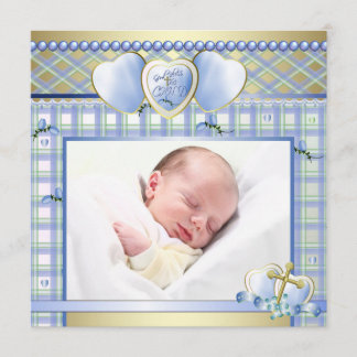 Blue Gold Cross Blue Baby Boy Photo Christening Invitation