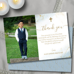 Blue Gold Cross Boy Photo First Holy Communion Thank You Card