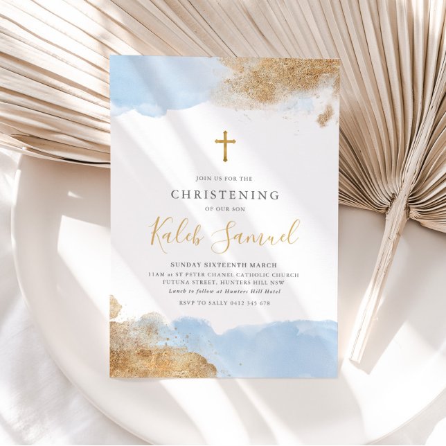 Blue Gold Cross Boys Baptism Christening   Invitation (Creator Uploaded)