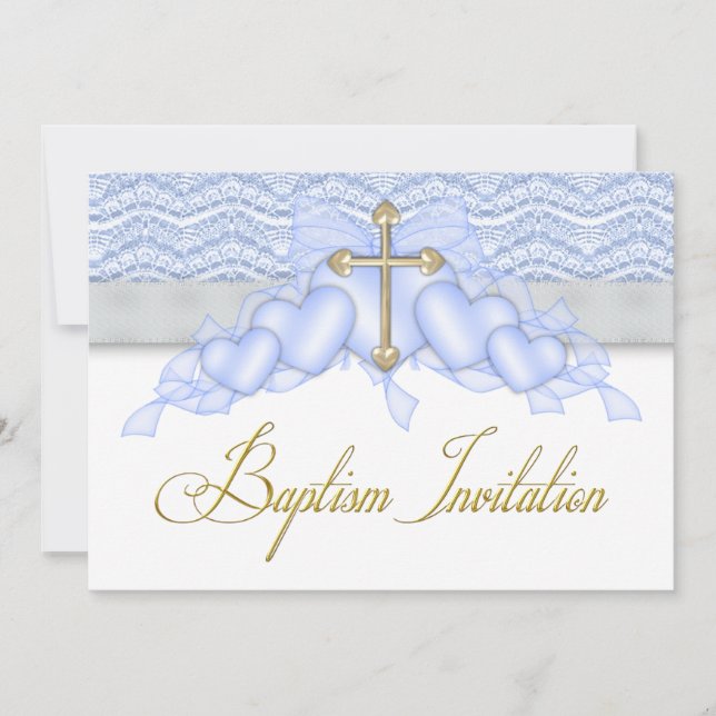 Blue Gold Cross Boys Blue Baptism Invitation (Front)