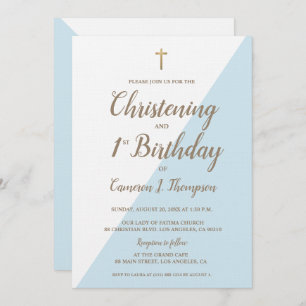 Blue Gold Cross Christening 1st Birthday Combined Invitation