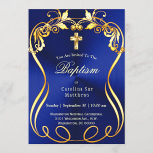 Blue Gold Cross Elegant Baptism Invitation