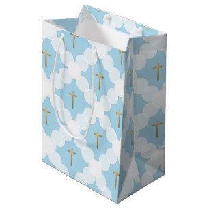 Blue & Gold Cross Elegant Christian Baptism Medium Gift Bag