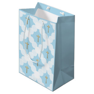 Blue Gold Cross Modern Baptism Medium Gift Bag