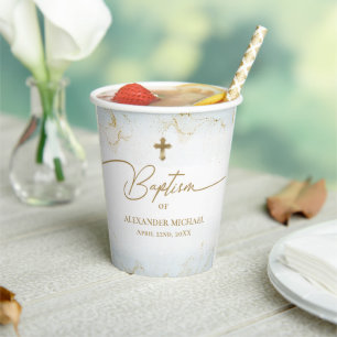 Blue Gold Cross Name Typography Boy Baptism Paper Cups