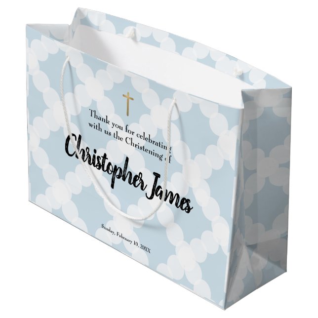 Blue Gold Cross Personalised Baby Boy Christening Large Gift Bag (Back Angled)