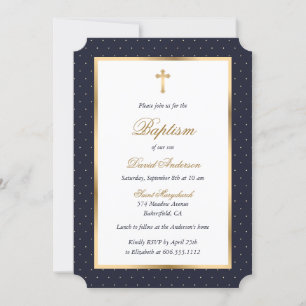 Blue Gold Cross Polka Dots Elegant Script Baptism Invitation