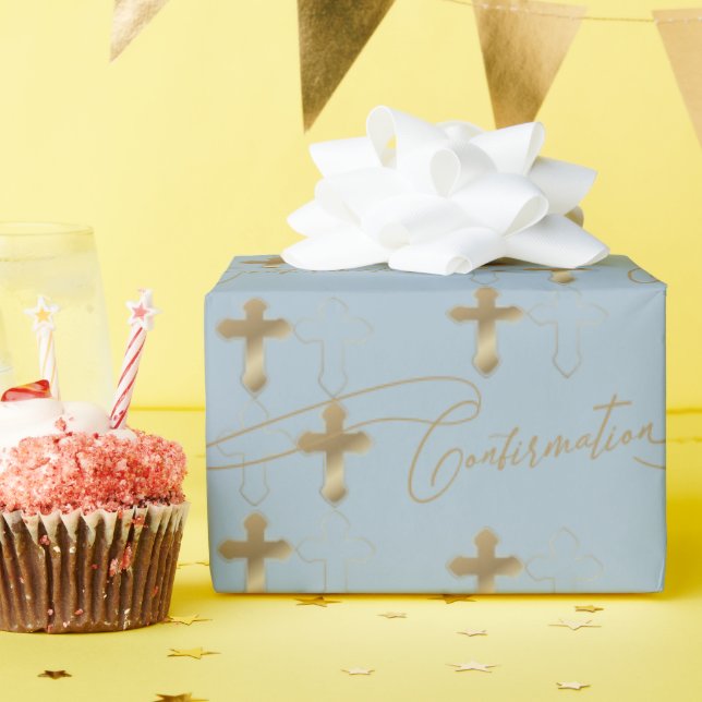 Blue Gold Cross Script Confirmation Wrapping Paper (Birthday Party)